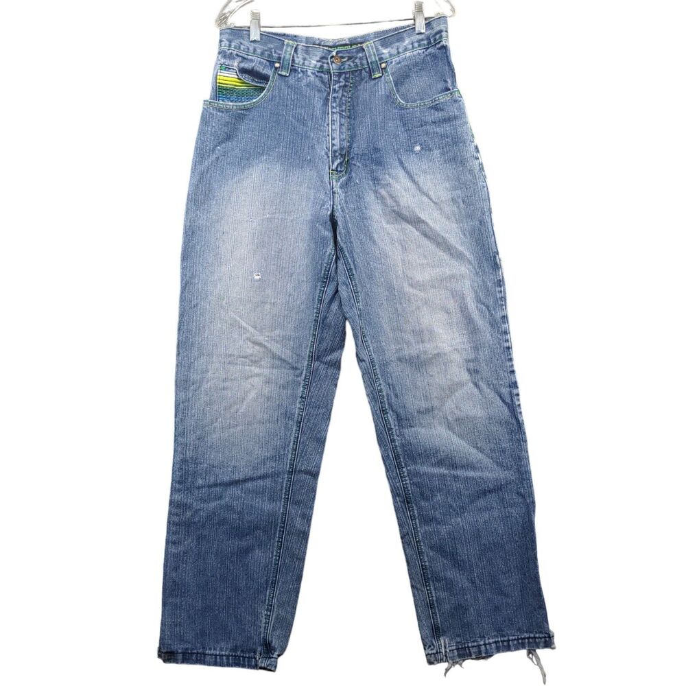 Southpole Men's Straight Jeans Size 32 Blue Embroidered 5-Pocket Medium Wash